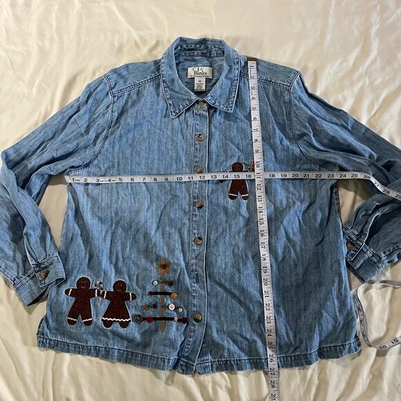 Vtg Y2K 2000s Plus Size Christmas Holiday Denim Shirt Wmns 1X Granny Cottagecore - Picture 12 of 12